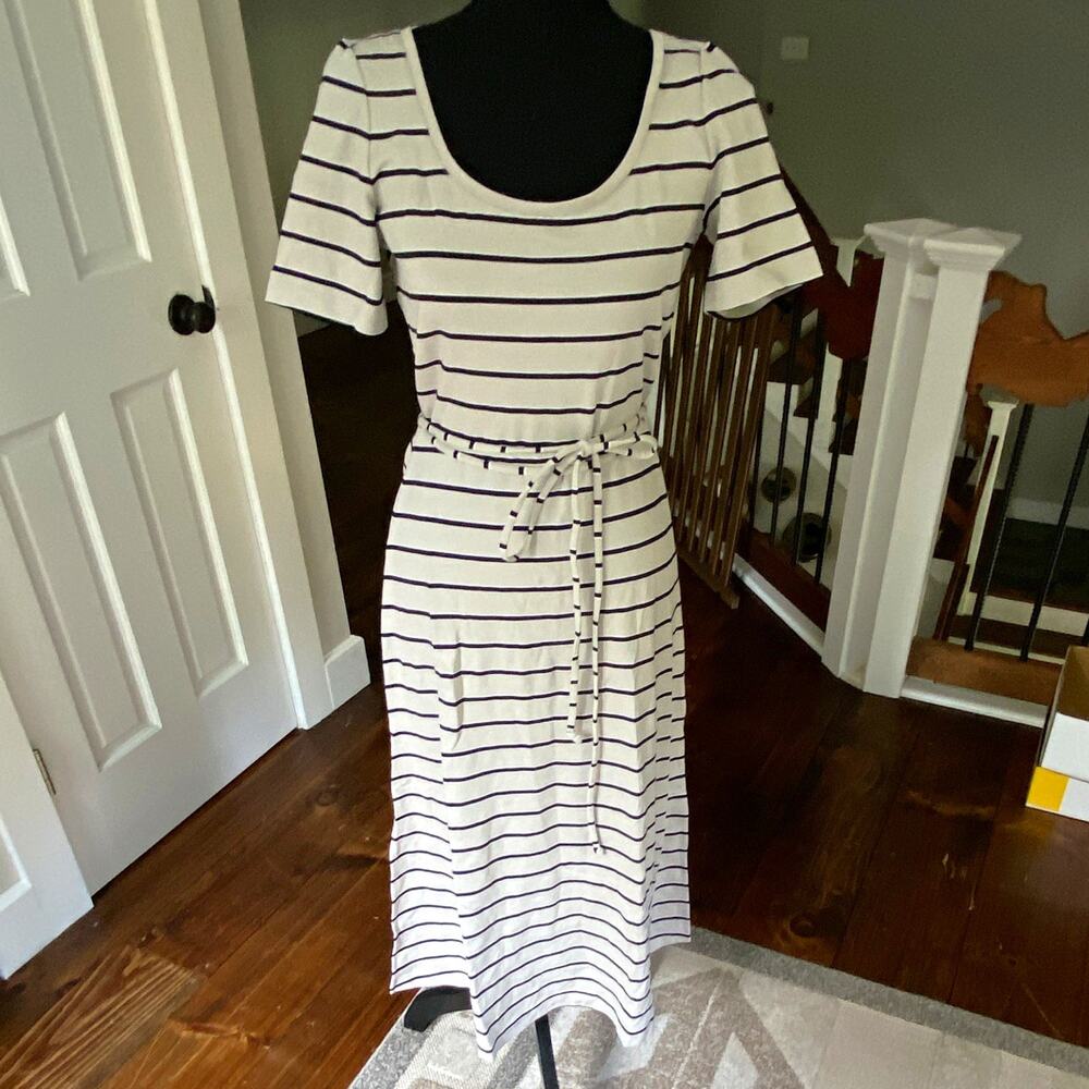 Club Monaco Women’s S White Navy Striped Scoop Neck Tie Waist Midi Dress